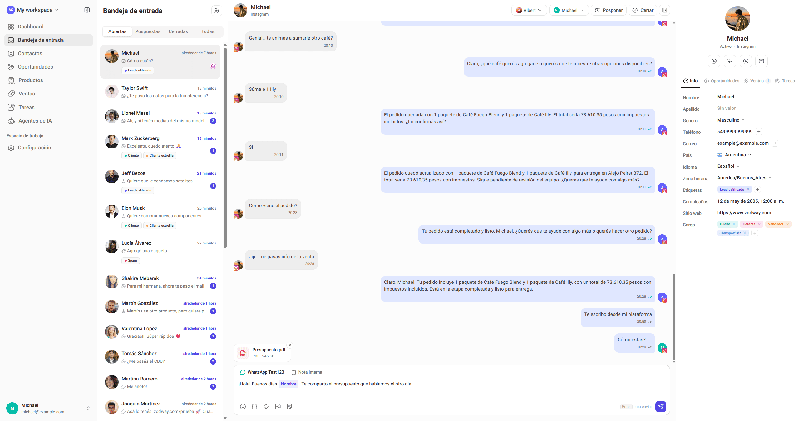 Bandeja de entrada de Zodway: conversaciones de WhatsApp e Instagram, chat con el agente de IA y ficha del contacto