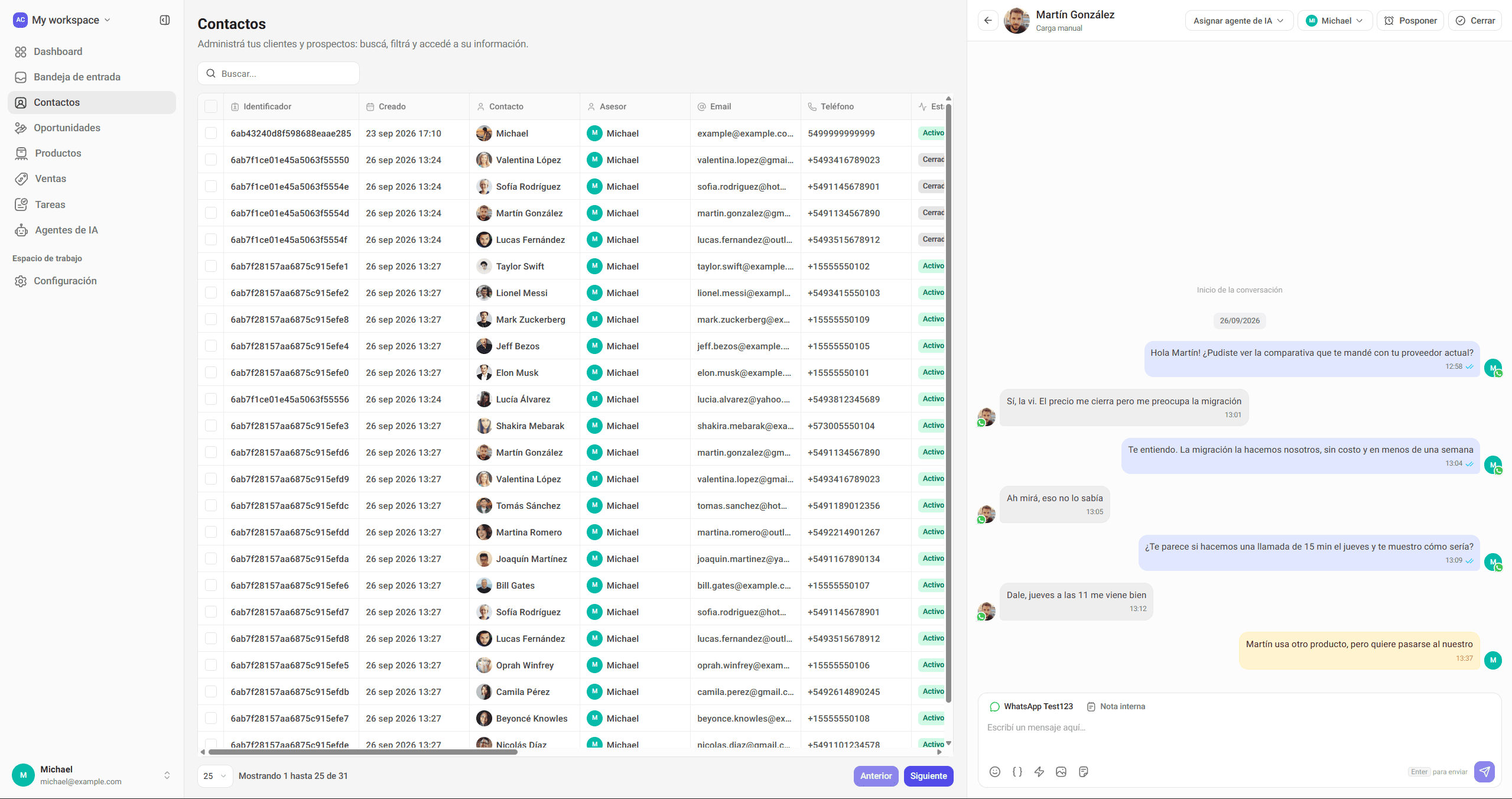 Módulo de contactos de Zodway con tabla de clientes, asesor asignado y conversación abierta